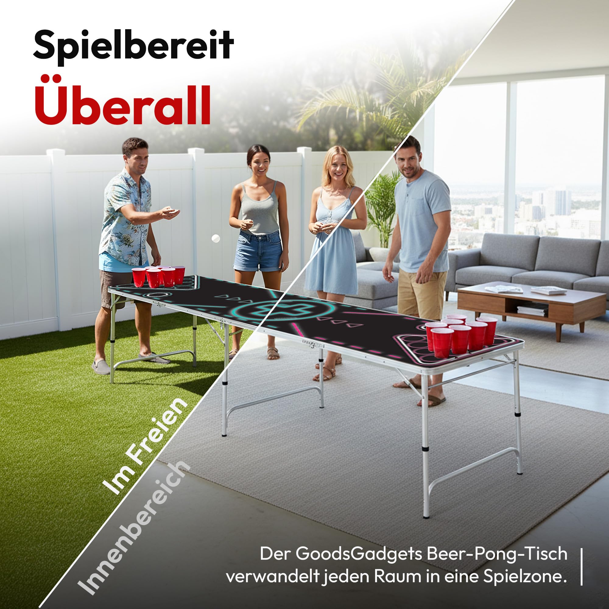 GOODS+GADGETS Mesa Plegable para Beer Pong - Mesa para Beer Pong con Altura Ajustable y Resistente a los arañazos Cualquier Fiesta (Neón)