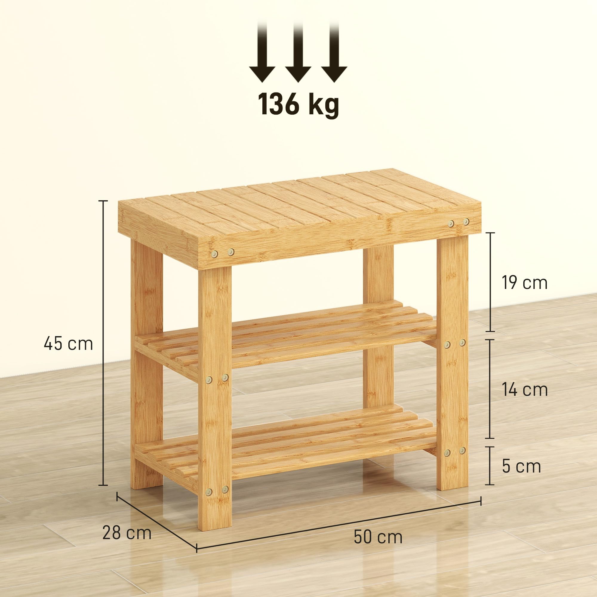 HOMCOM Ławka na buty z siedziskiem i schowkiem 2 półki 70x28x45 Naturalne