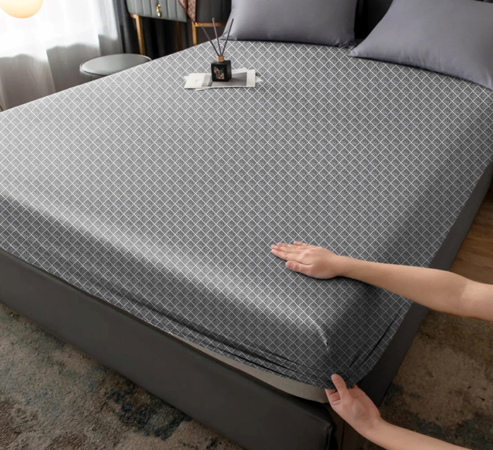 LIVFRESH 100% Waterproof Designer Soft Cotton Mattress Protector, COVER | Breathable and Geometrical Designing Fabric, Soft Fitted Bed Mattress Protector (72x75 Inch, King Size, Grey) (B0C45JHGDY) Amazon Price History, Amazon Price Tracker