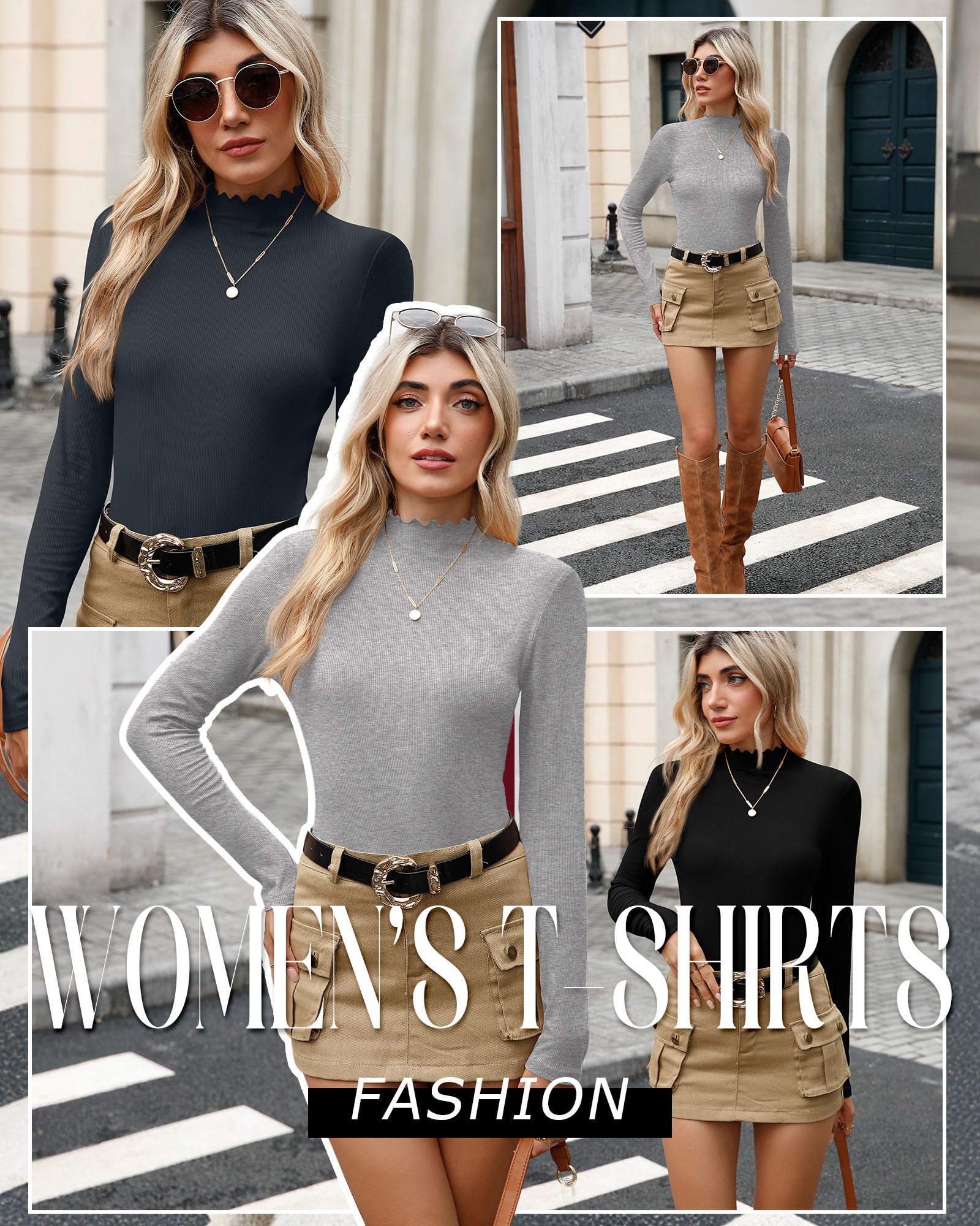 Geyoga Lot de 3 Hauts Femme Shirts Coton Manches Longues, col Montant, Finitions volantées côtelées sous-vêtement Thermique