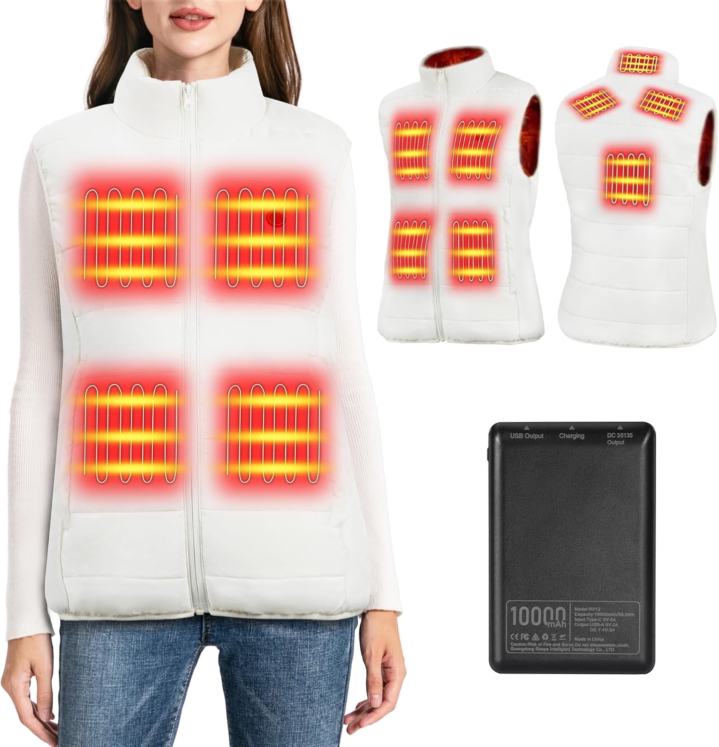 Women Heated Vest with 10000mAh Power Bank - Sleeveless Heating Vest for Women, 8 Fast-Heating Zones