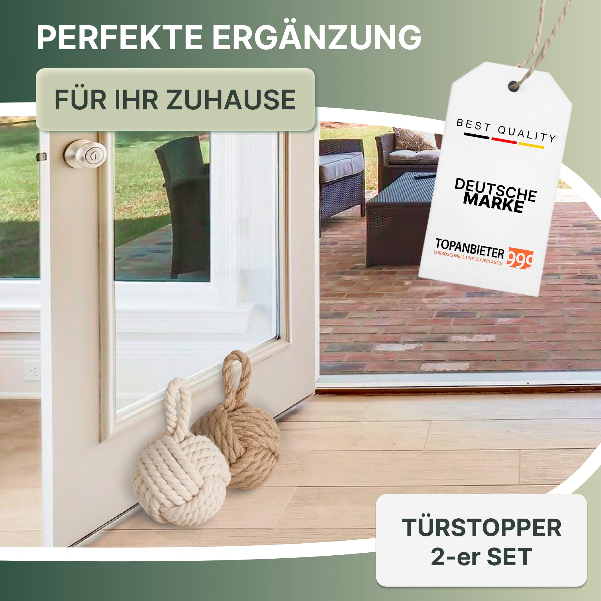2er Set Deko Türstopper Jute für den Boden Türhalter Fensterpuffer Bodenstopper Tür Stopper Knoten Natur Strick Kugel mit Schlaufe ca. 1,2 kg Sack Schutz für die Wand