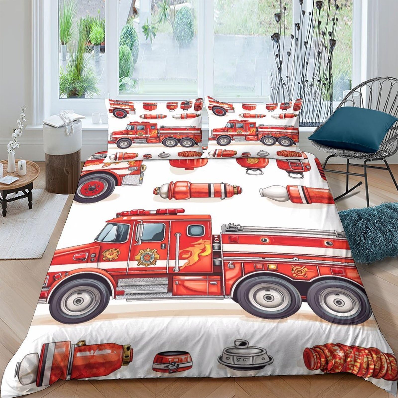 Ctjqhvkz Style-8 3D Printed Fire Truck Fitted Sheet Microfiber Red Cartoon Vehicle Bed Cover For Bedroom Dorm Mattress Protection Decor Single（135X200cm）