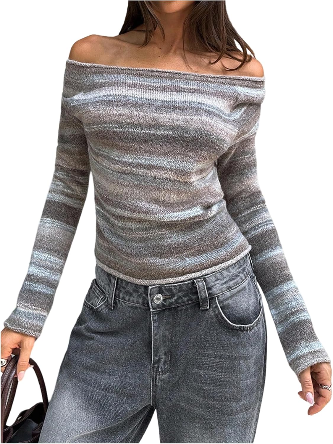 GORGLITTER Women's Off Shoulder Cropped Sweater Striped Long Sleeve Knitwear Jumpers Tops