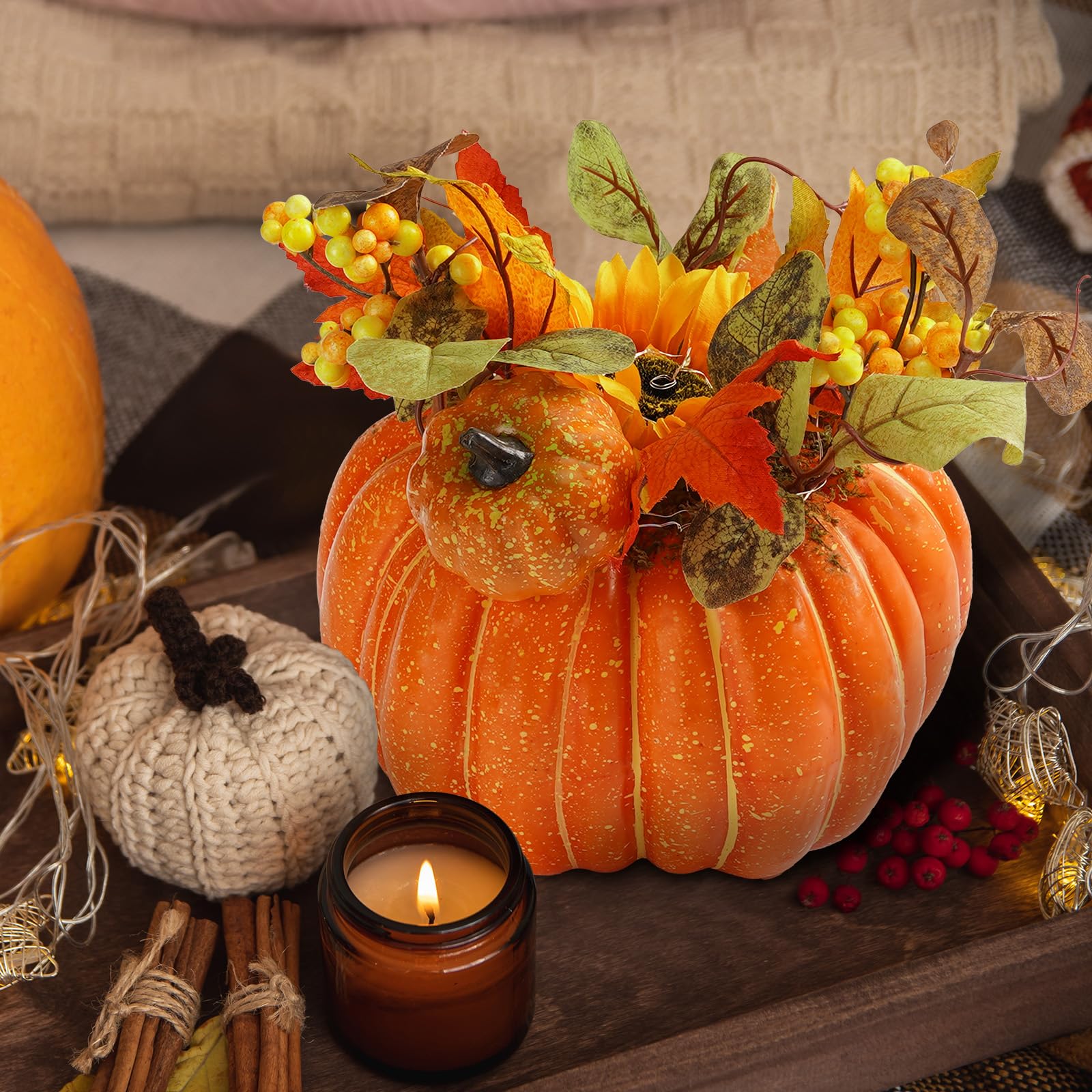 YOUNGLEAVES Thanksgiving Decorations Artificial Pumpkins, 8.5 Inches Large Fake Pumpkin, Fall Harvest Table Centerpieces, Faux Foam Pumpkin with Light for Indoor Outdoor Porch Kitchen