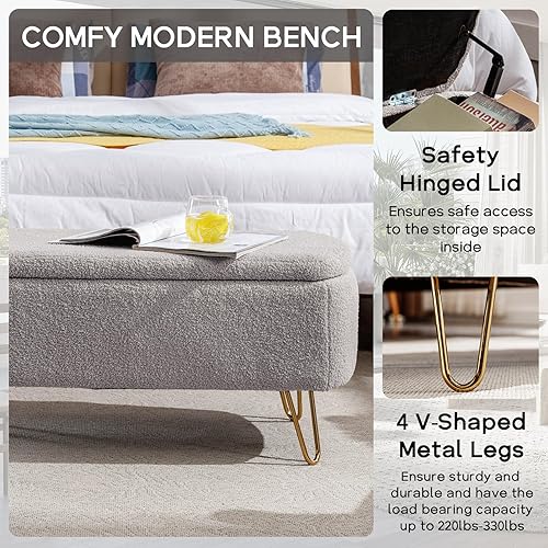 Miniatura 4 de NIOIIKIT Banco otomano de almacenamiento, cómodo banco de entrada tapizado de piel sintética con patas de metal, banco de dormitorio con parte