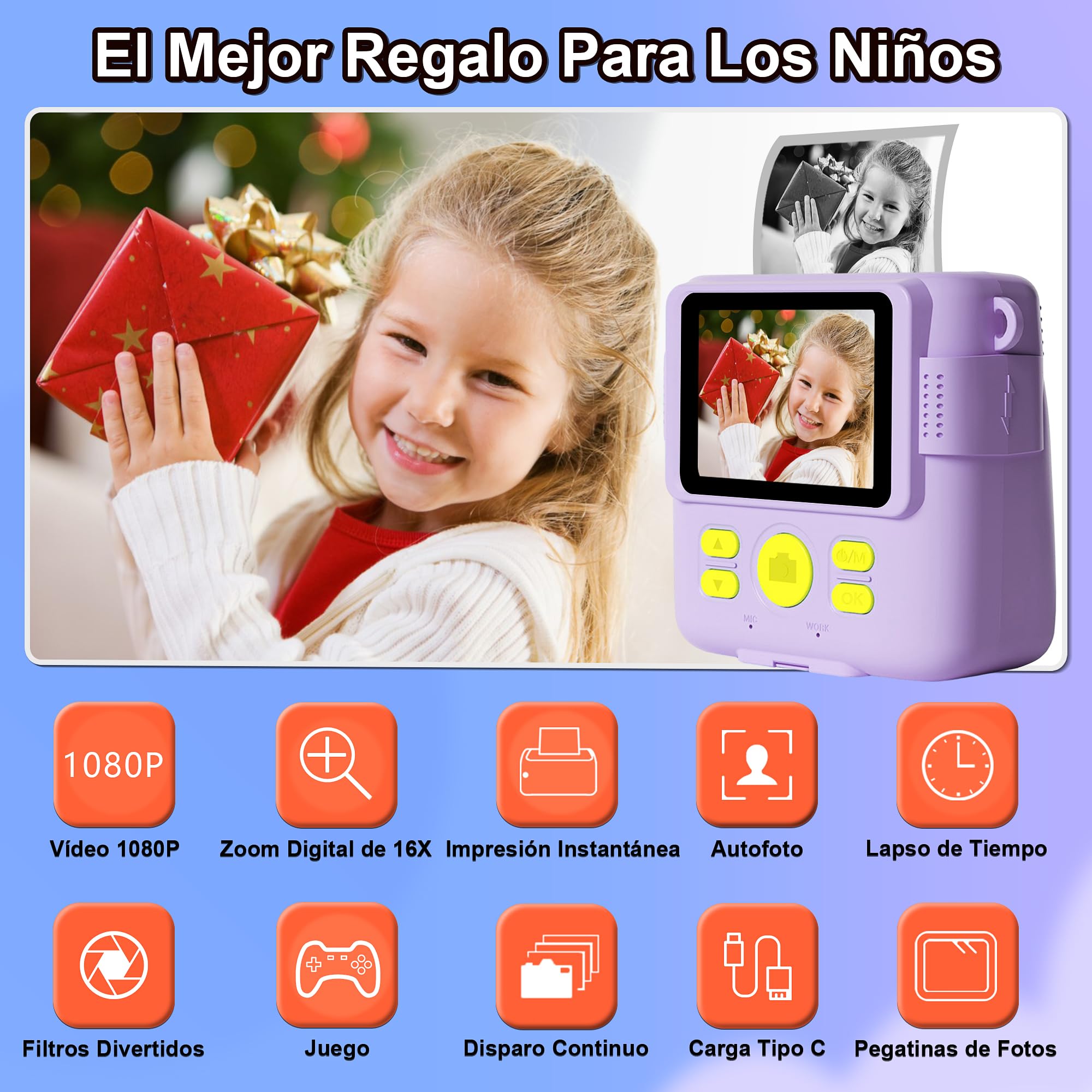 GKTZ Cámara de Fotos Instantáneas - 1080P Camara Fotos Infantil para Niños con Papel Fotográfico de Impresión y Tarjeta de 32G Regalo Juguete Niña 3 4 5 6 7 8 9 10 11 12 Años (Violeta)