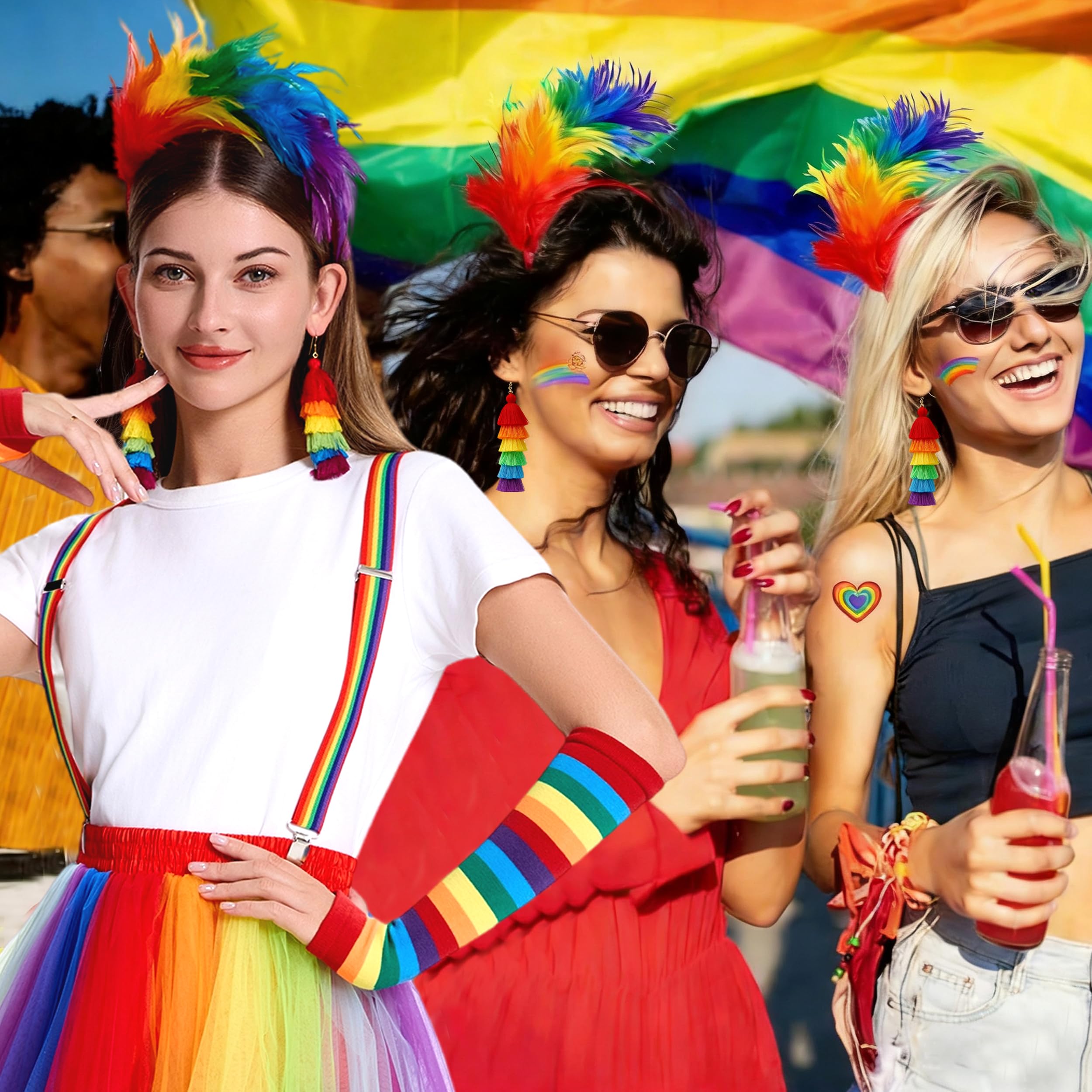 Tęczowy kostium damski, kolorowa spódnica tiulowa, tęczowa spódnica, kostium karnawałowy, akcesoria do kostiumu w stylu retro z neonowym tutu, opaska na włosy, kolczyki, strój damski z lat 80., na