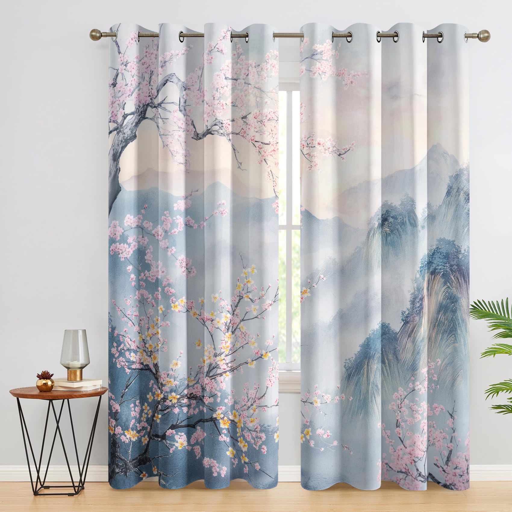 SZLYZM Asian Landscape Blackout Curtains, Chinese Japanese Bedroom Curtains, Living Room Drapes 46 x 54 Inch 2 Panels Set, Thermal Eyelet Drapes Decorative Patterned Window Treatments 54 Drop