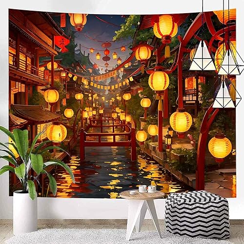 Miniatura 2 de NTERC Tapiz de anime japonés, farol, festival, calle Riverway, para colgar en la pared, manta de pared de paisaje nocturno de ciudad, 93 x 71