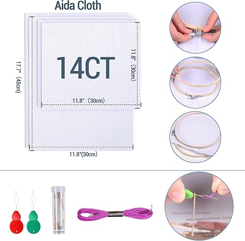 Miniatura 3 de LoDrid Kit de bordado, bolsa de almacenamiento redonda de doble capa con kit completo de herramientas de punto de cruz, kits de iniciación de