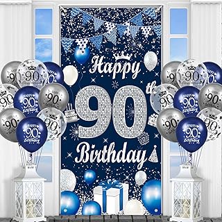 90th Birthday Decorations for Men Navy Blue Silver Happy 90th Birthday Door Banner Cover and 18Pcs Blue Silver 90th Birthday Balloons for Men Women 90th Birthday Party Decorations