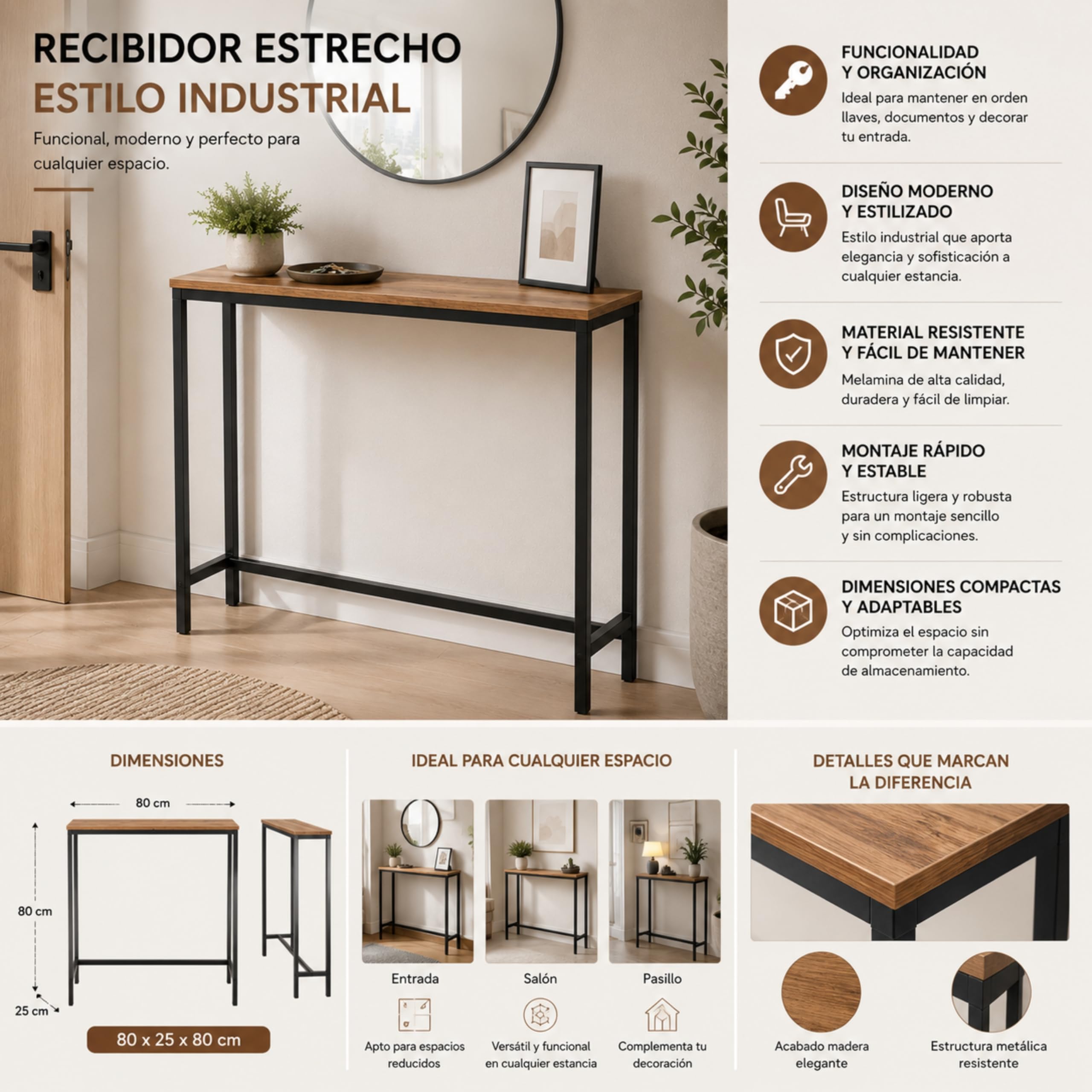 Mobile ingresso industriale ideale per ingresso ingresso, mobile ingresso con design moderno, colore Atlantic Pine, 80 x 25 x 80 cm. Neo