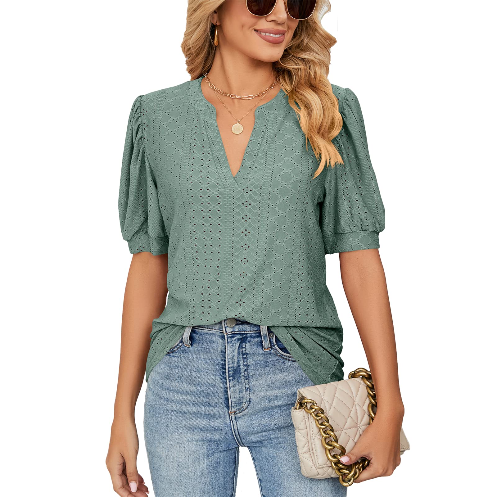 EDOTON Damen Tshirt Kurzarm Bluse V Ausschnitt Casual Sommer Solide Hohle Blase Ärmel Lose Tops Tuniken für Damen