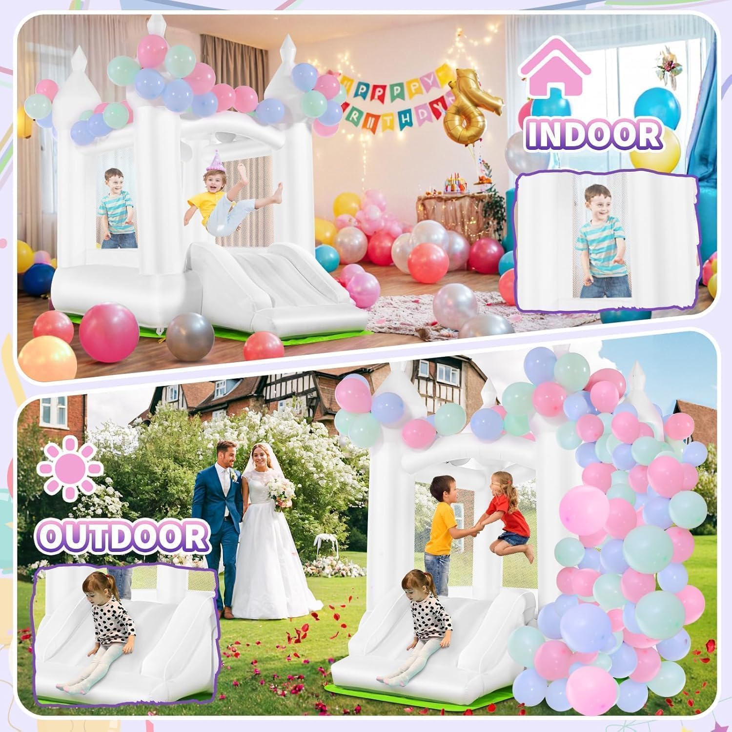 White Bounce House Indoor Outdoor Bouncy Castle for Kids Ages 3-8 Oxford Toddler Bounce House with Slide Balloon & Blower for 3 Kids, Children's Birthday Party Gifts (Bounce House)