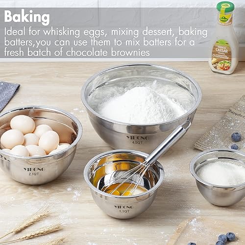 Miniatura 2 de YIHONG Juego de cuencos de acero inoxidable, 7 cuencos de metal con tapas para cocina, cuencos de acero anidables ideales para hornear, preparar,