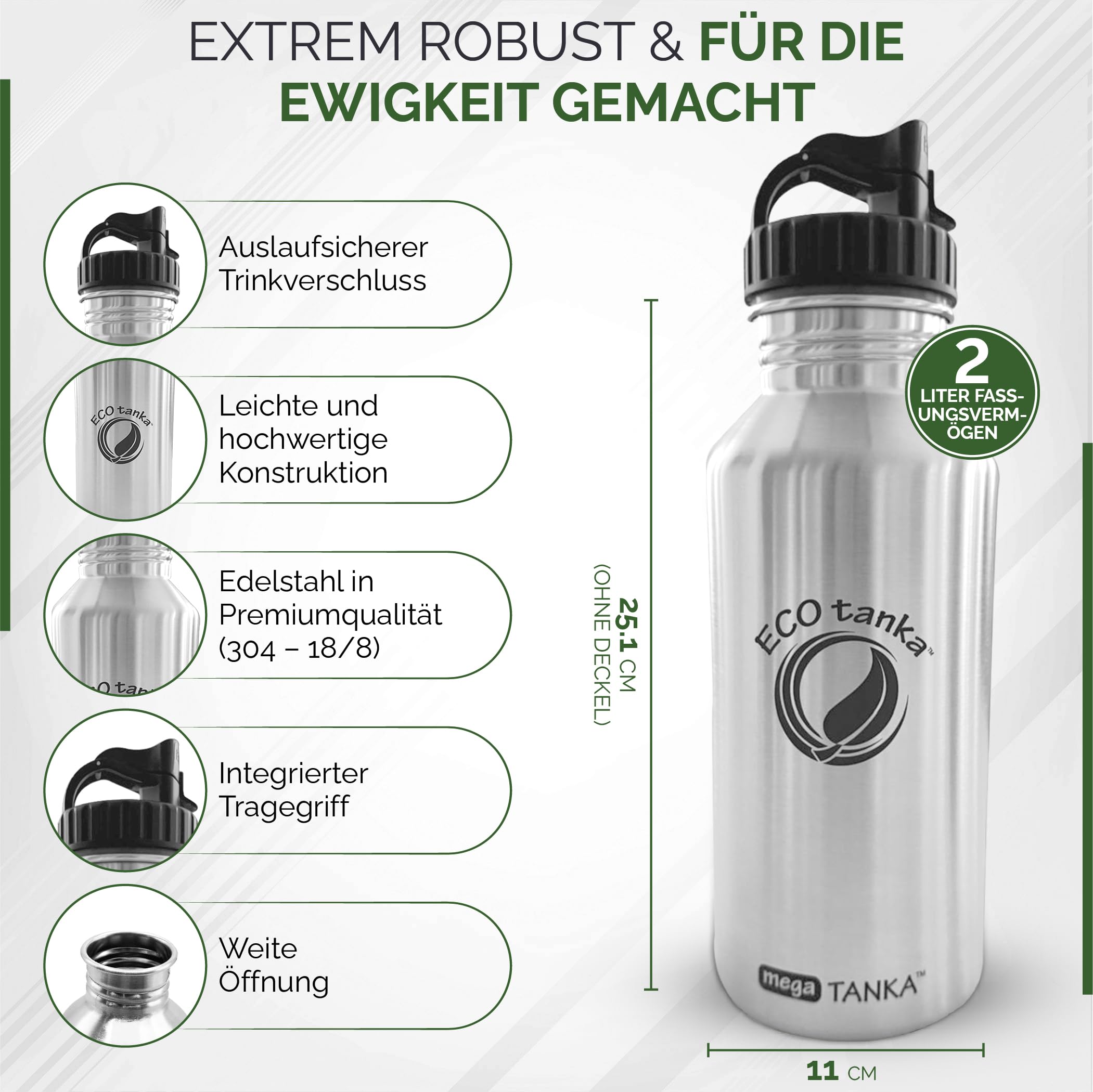 ECOtanka 2L Edelstahl Trinkflasche - Große 2 Liter Trinkflasche BPA-frei 2L Wasserflasche für Gym, Outdoor, Sport - Auslaufsichere 2 Liter Wasserflasche mit Poly Loop Verschluss
