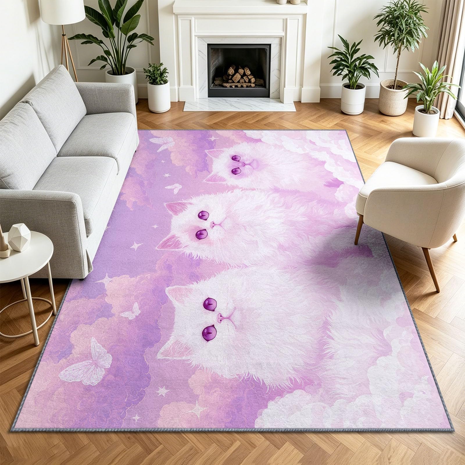 Tappeto antiscivolo a pelo corto per soggiorno, camera da letto, cameretta dei bambini, 180 x 240 cm, lavabile, morbido, motivo gatto viola, nuvola e farfalle