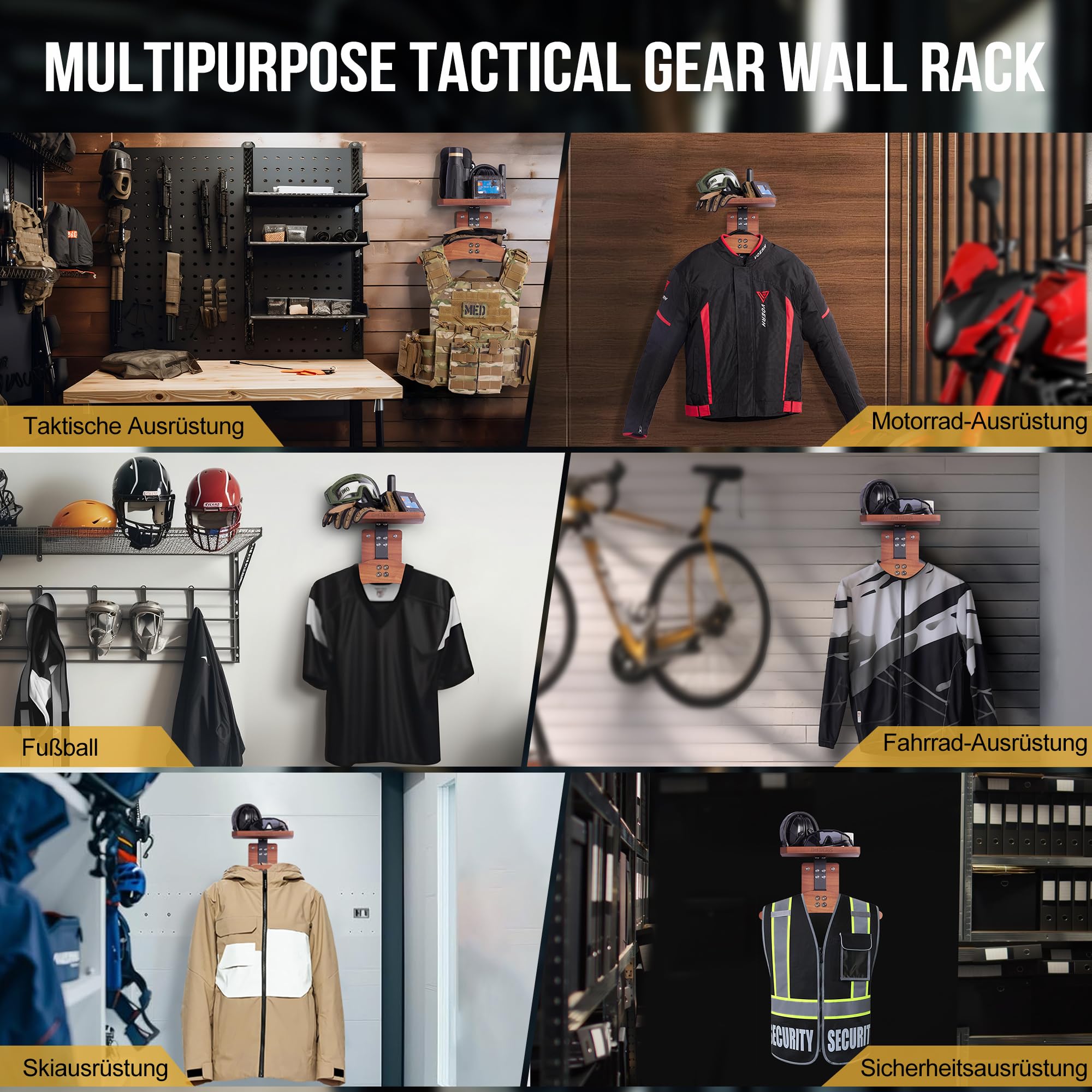 OneTigris Taktische Weste Halterung Wand 09, Wandhalterung Motorrad Garderobe für Helm Plattenträger, vielseitiger Wandorganizer für Motorrad-, Fußball- und Radfahrerausrüstung