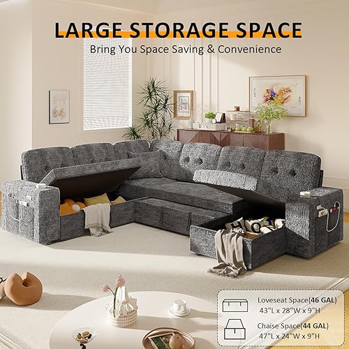 Miniatura 5 de Sofá cama modular modular con cama extraíble, sofás seccionales en forma de U de 7 asientos para sala de estar, sofá cama de 108 pulgadas con Gris