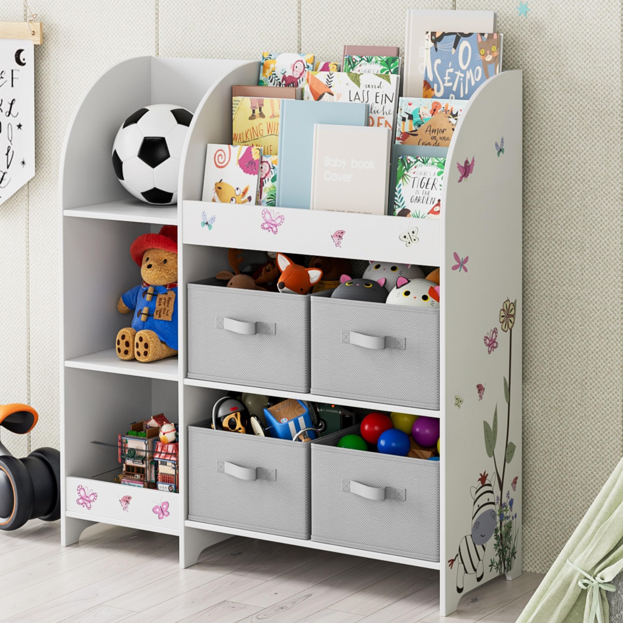 HOCSOK Scaffale Portagiochi Bambini, Scaffale Portaoggetti Multifunzionale, con 4 Cassetti in Stoffa, adatto per Cameretta, Soggiorno, Bianco, 92.2x30x100.2cm