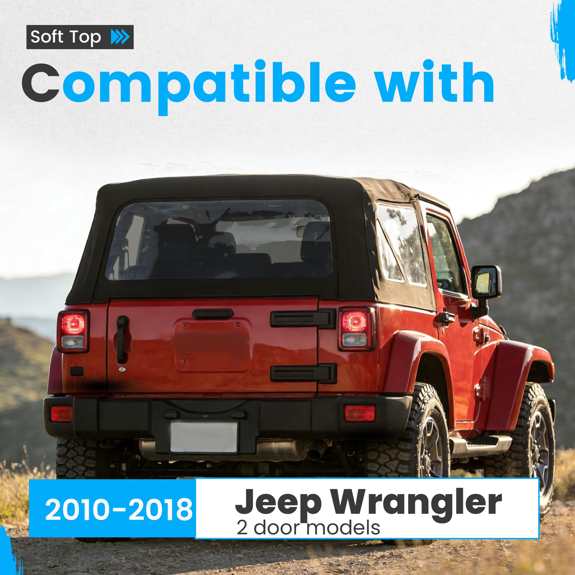 ALMULOO Ricambio Soft Top Compatibile con Jeep Wrangler 2010-2018 2 Modelli 2 porte w/rimovibile lato posteriore oscurato finestra vela vinile nero
