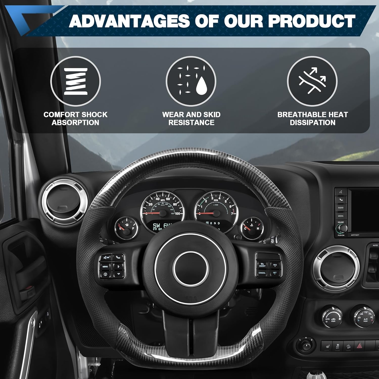 Carbon Fiber Steering Wheel for Jeep Wrangler JL JLU JT 2018-2025, D-Shaped Flat Bottom with Perforated Nappa Leather Grip
