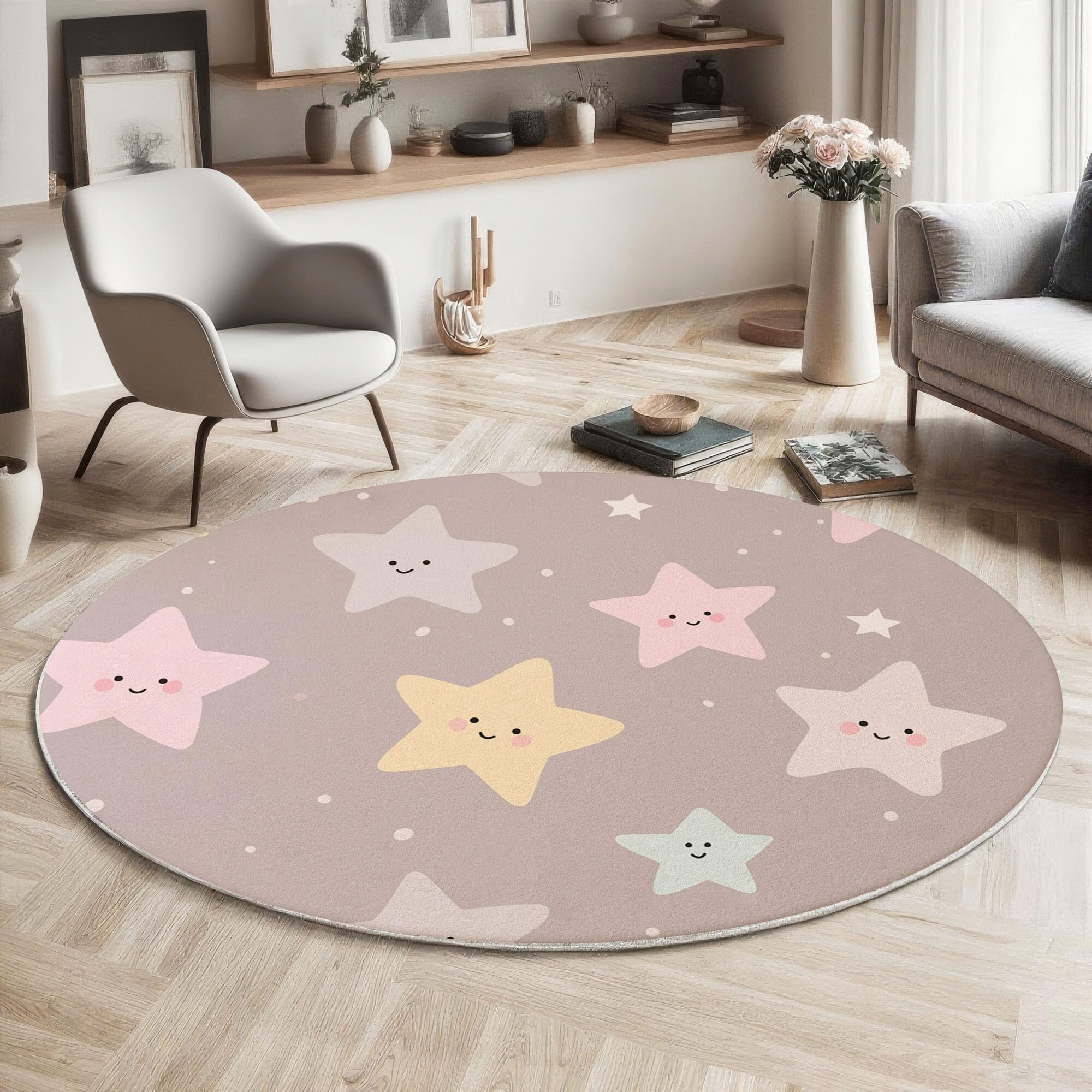 Tapis rond mignon étoiles 100cm rose gris antidérapant pour chambre