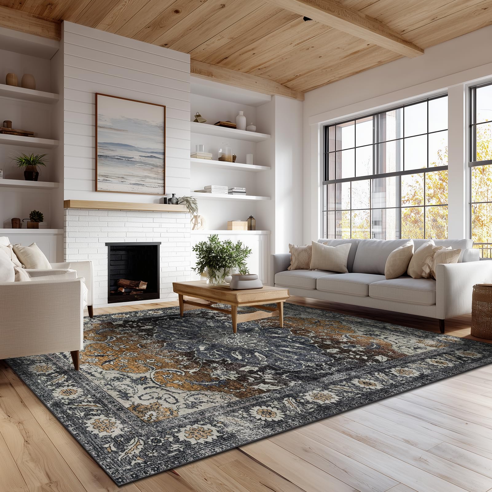 Washable Area Rugs 8x10, Large Rugs for Living Room, Carpet for Bedroom, Soft Faux Wool Retro Dining Room Rug, Non-Slip Backing Resistant Low Pile