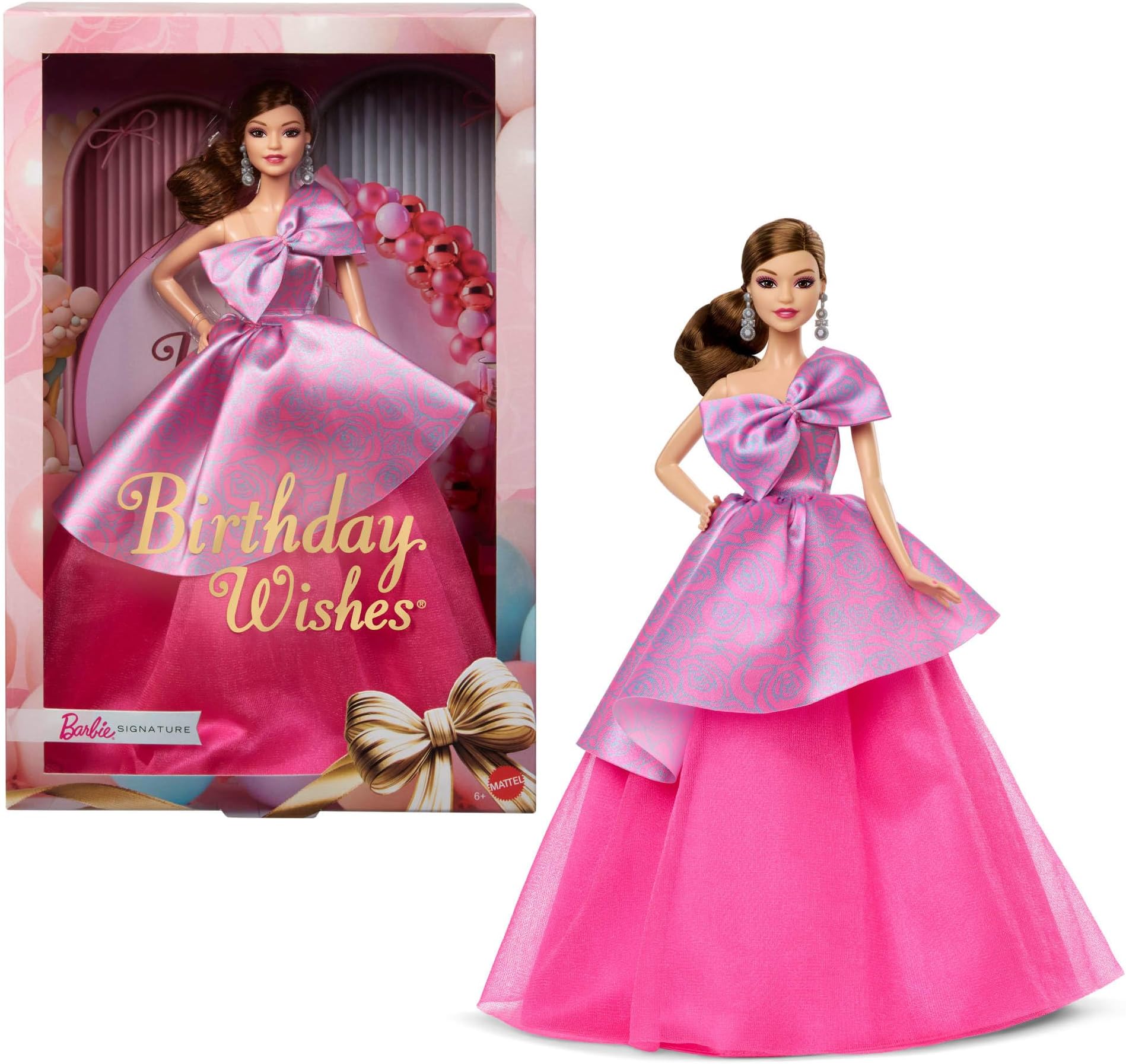 Barbie Signature Birthday Wishes Doll, Collectible Fashion Doll in Satiny, Pink Dress with Wavy Brown Hair and Giftable Packaging, JBJ08