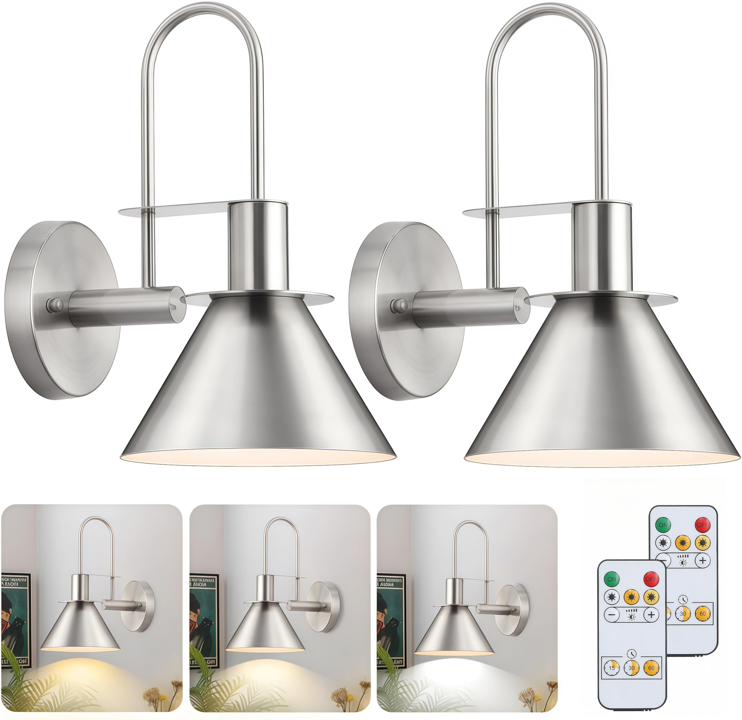 Brushed Nickel Battery Operated Wall Sconce, Wireless Battery Operated Wall Lights, Wall Sconces Set of Two Battery Operated, Remote Battery Wall Sconces for Gallery, Bedroom