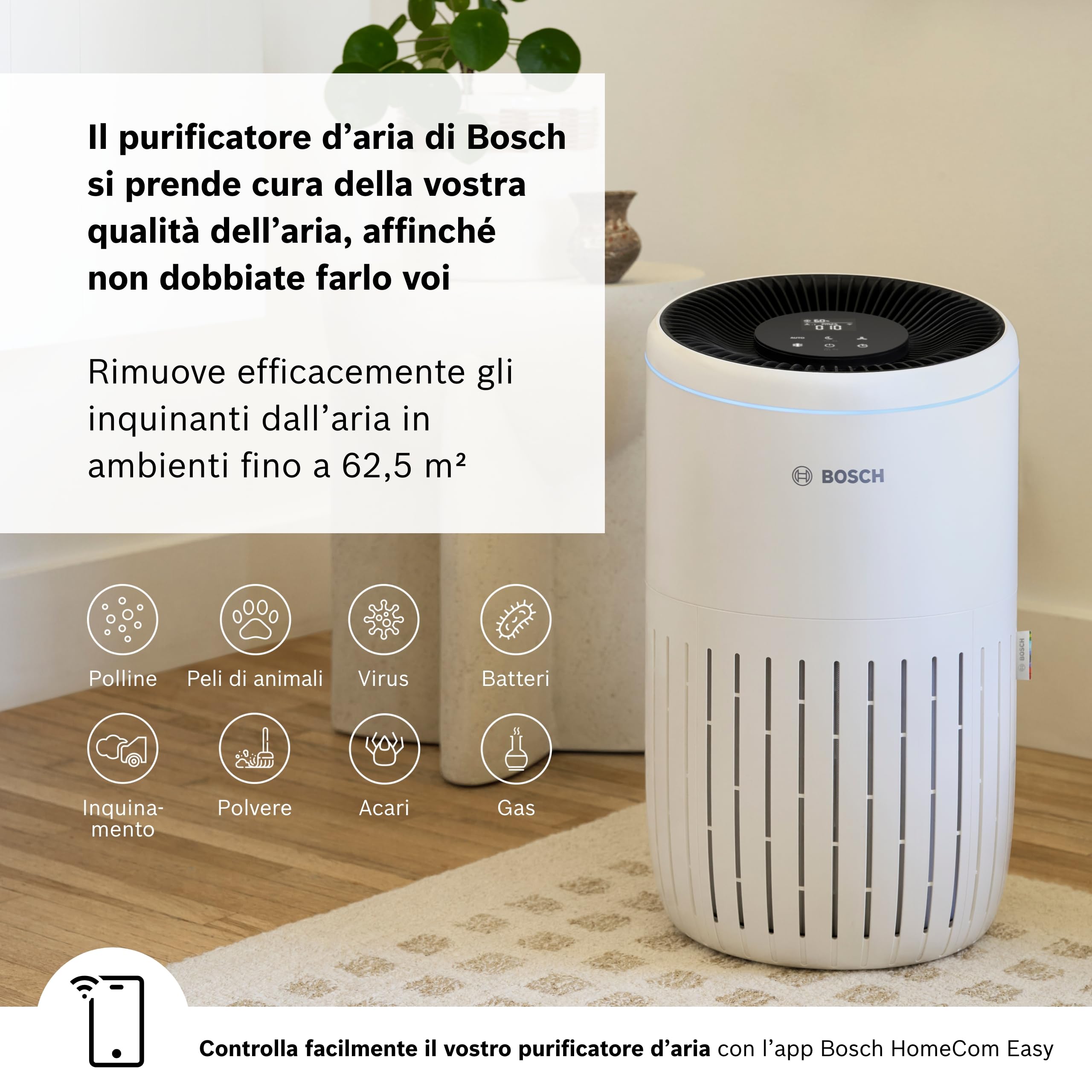 Bosch Air 4000i - Purificatore d'aria intelligente - Copre 62,5 m² - Filtra efficacemente oltre il 99% degli inquinanti - Modalità Auto/Sleep (< 25 dB(A)) - CADR: 300 m³/h - Connettività display e app