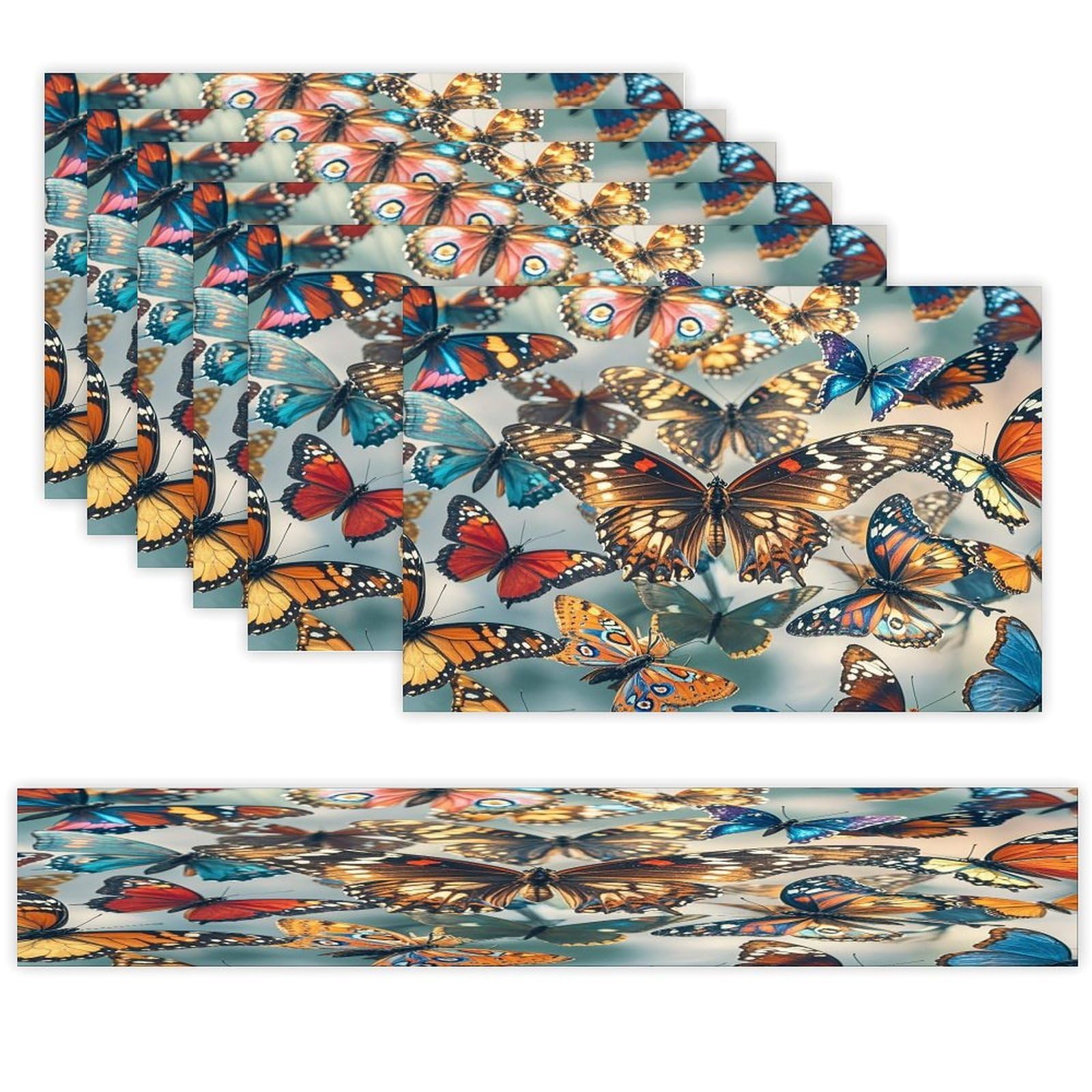 Butterflies Table Runner and Placemats Set of 6 Heat Resistant Washable Table Runners Dining Mat Sets Modern Cloth Place Mats Linen Table Decor for Kitchen Dining Room
