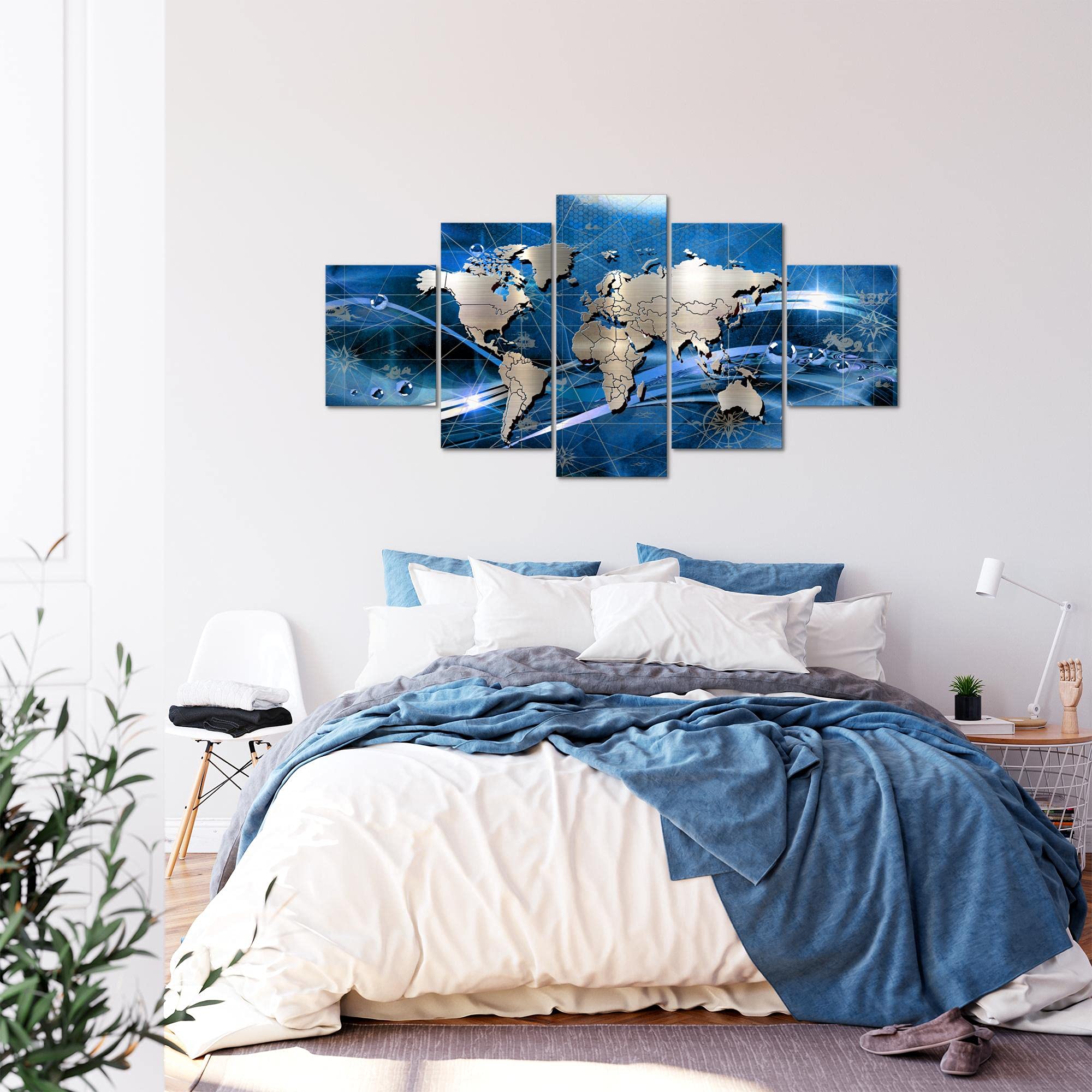 Runa Art - Cuadros Decorativos Mapa Del Mundo 200 x 100 cm 5 Piezas XXL Decoracion de Pared Diseño Azul 106851a