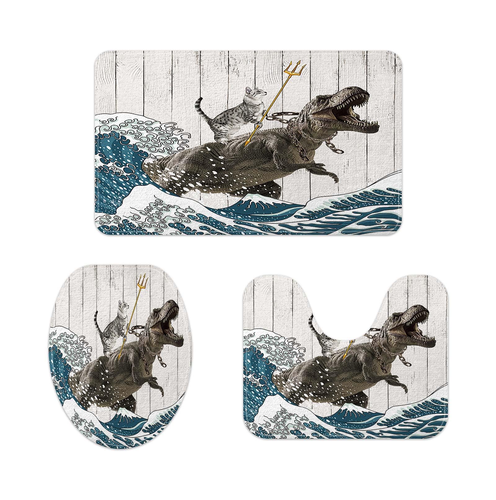 Boziqr Funny Cat Bath Mat Set 3 Piece, Cool Cat Dinosaur Japanese Ocean Wave Decor Soft Bathroom Rugs, Rustic Wooden Barn Farmhouse Bath Mat, Contour Rug and Toilet Lid Cover Sets
