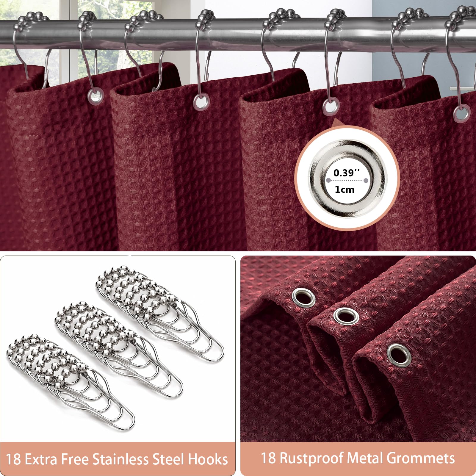 VANZAVANZU Shower Curtain for Bathroom with Metal Hooks Waffle Fabric Shower Curtain Heavy Duty Bath Curtain for Wet Room Bathtub Shower Stall Weighted Hem - Image 3