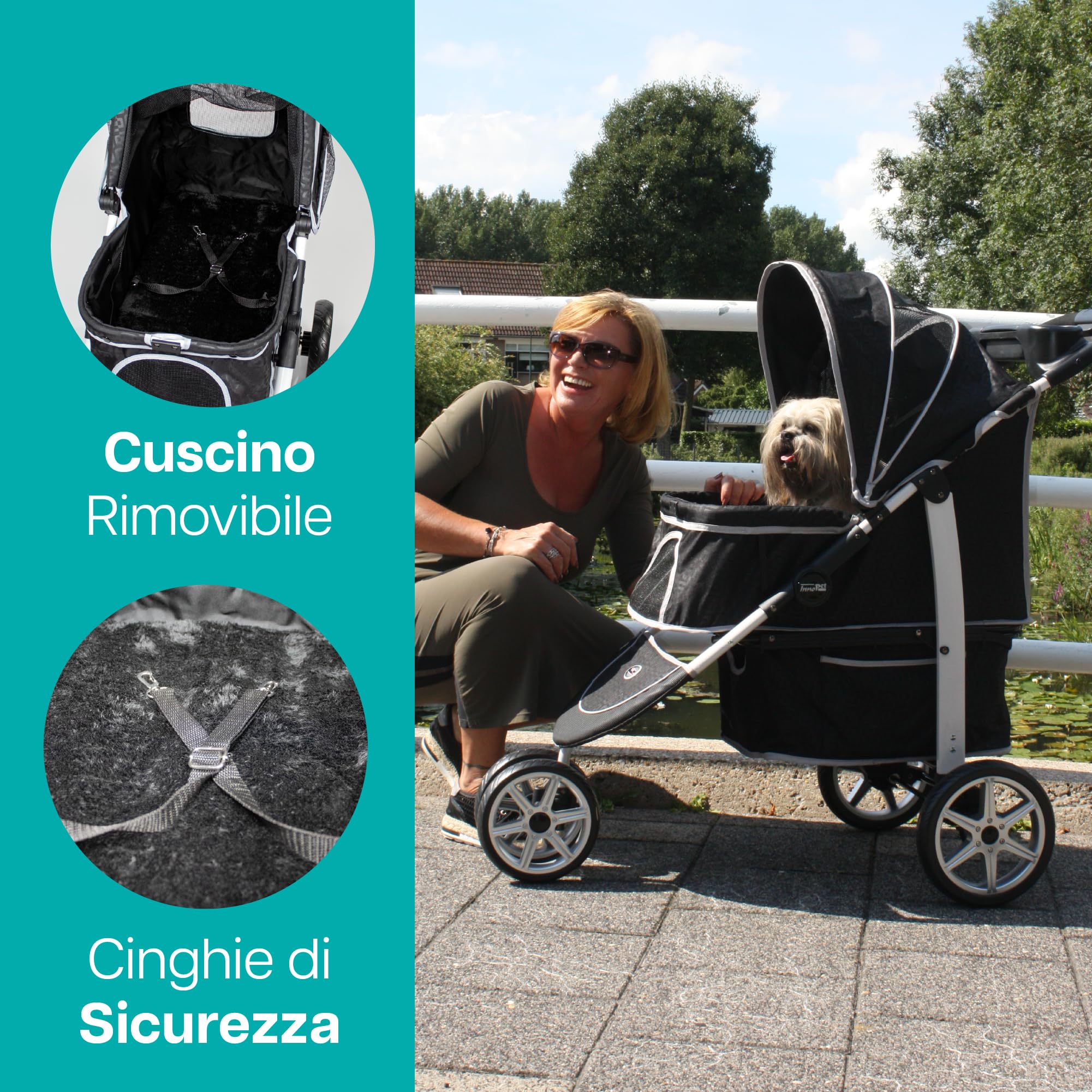 Innopet Monaco Passeggino per cani e gatti nero con copertura antipioggia, capacità 25 kg, pieghevole con una sola mano - Cestino portaoggetti convertibile - Cuscino double face