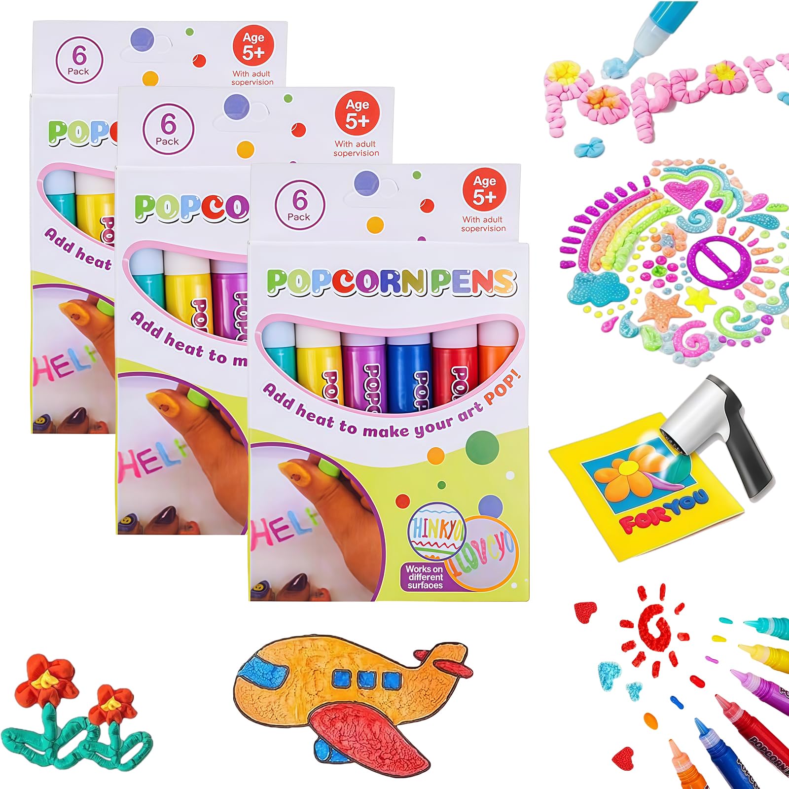 18 PCS Popcorn Pens for Kids, 6 Colours, Heat Activated 3D Puffy Pens