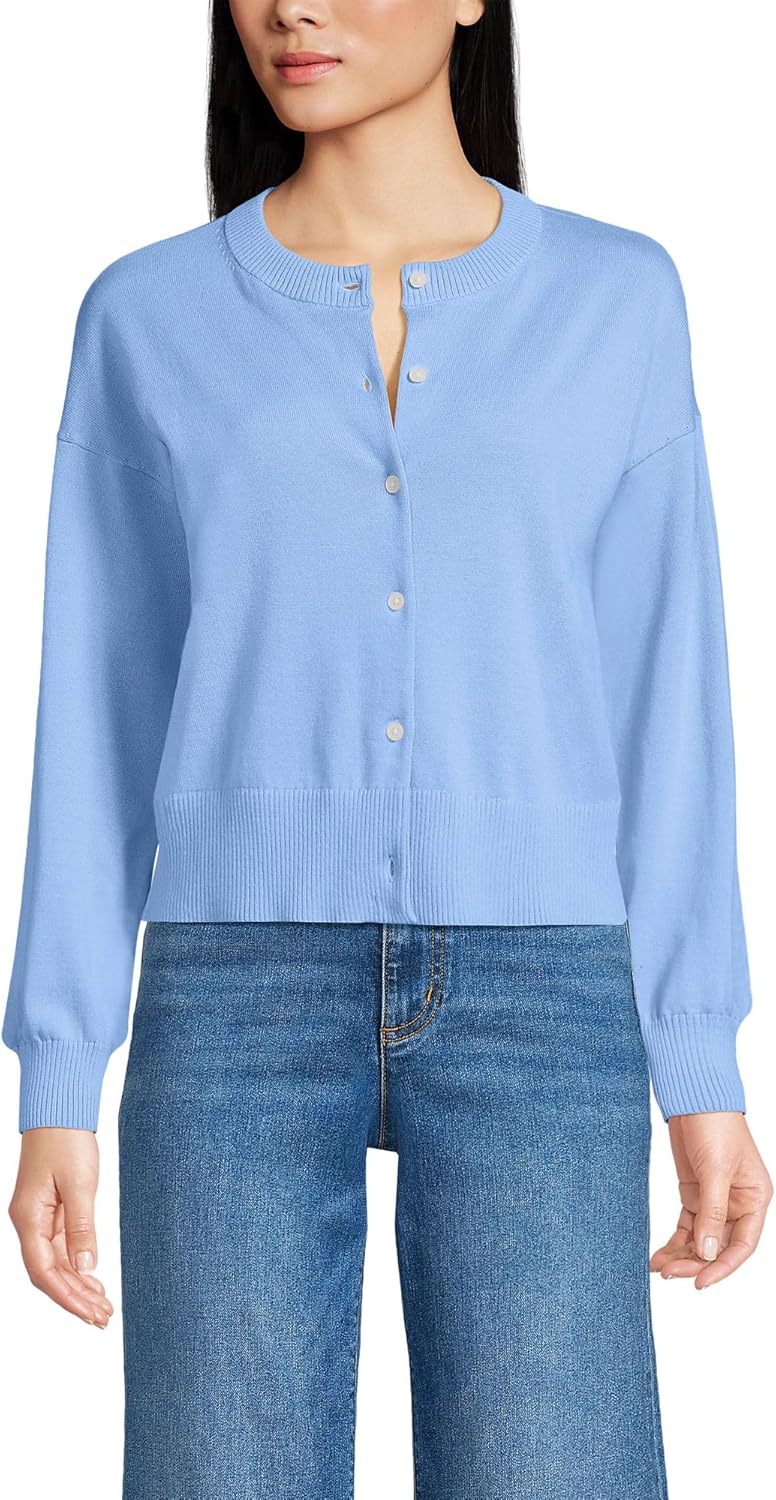 Lands' End Women's Cropped Fine Gauge Crew Neck Cardigan Sweater