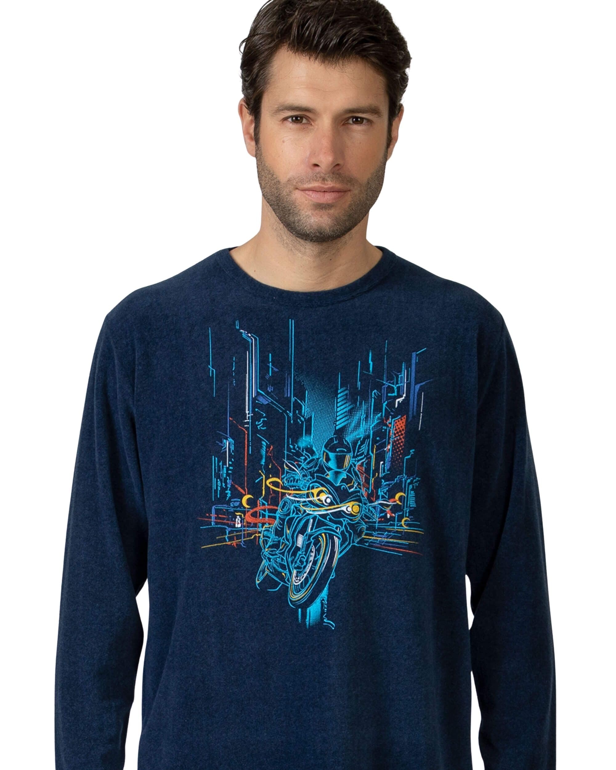 MASSANA Pijama de Hombre para Invierno P751325, Camiseta Manga Larga con Estampado Urbano y Pantalón Largo, Azul Marino, Mezcla de Algodón y Poliéster