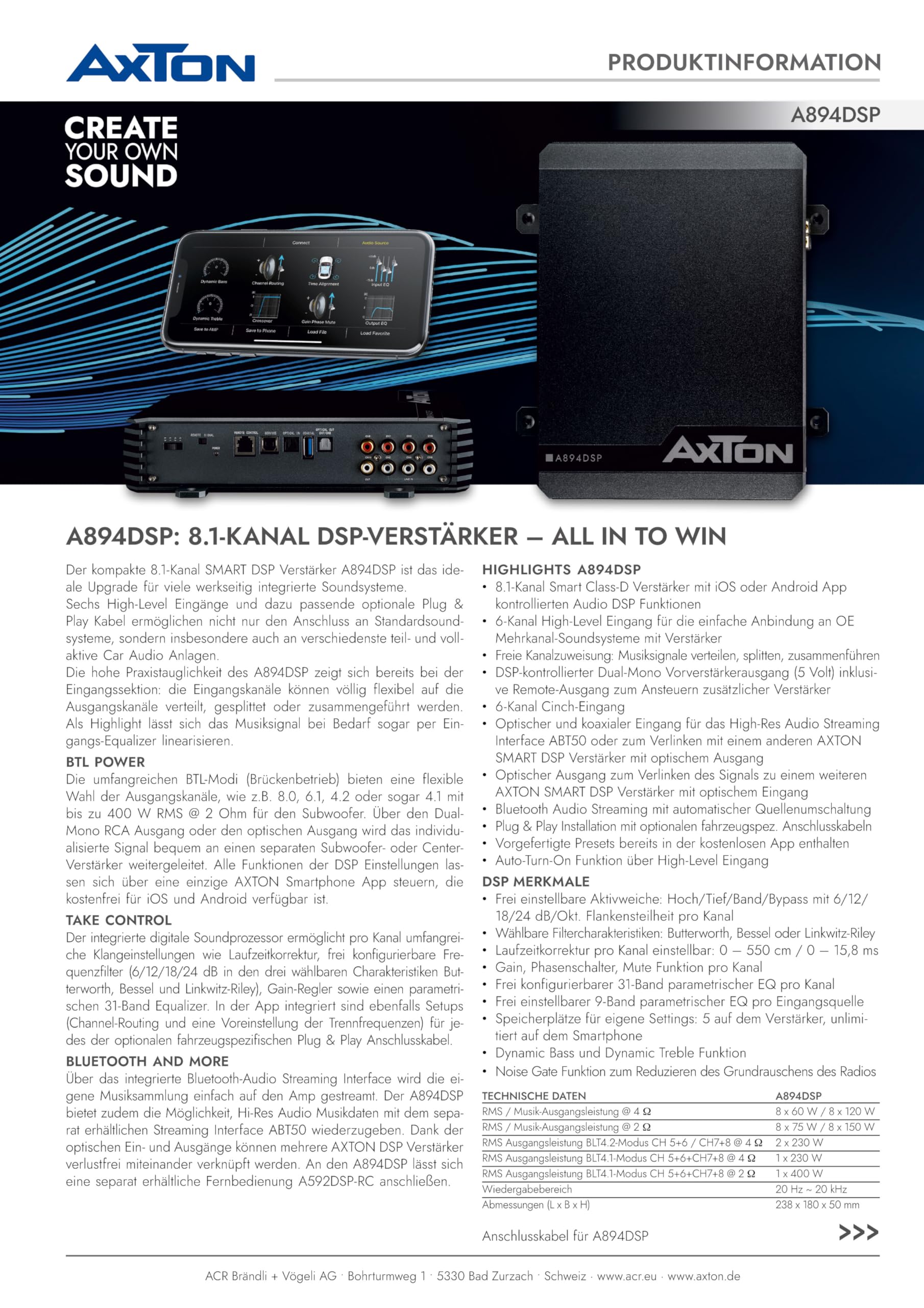 AXTON A894DSP - Amplificatore a 8.1 canali con DSP, amplificatore per auto con processore audio digitale, controllo app cellulare, streaming audio Bluetooth, audio Hi-Res opzionale