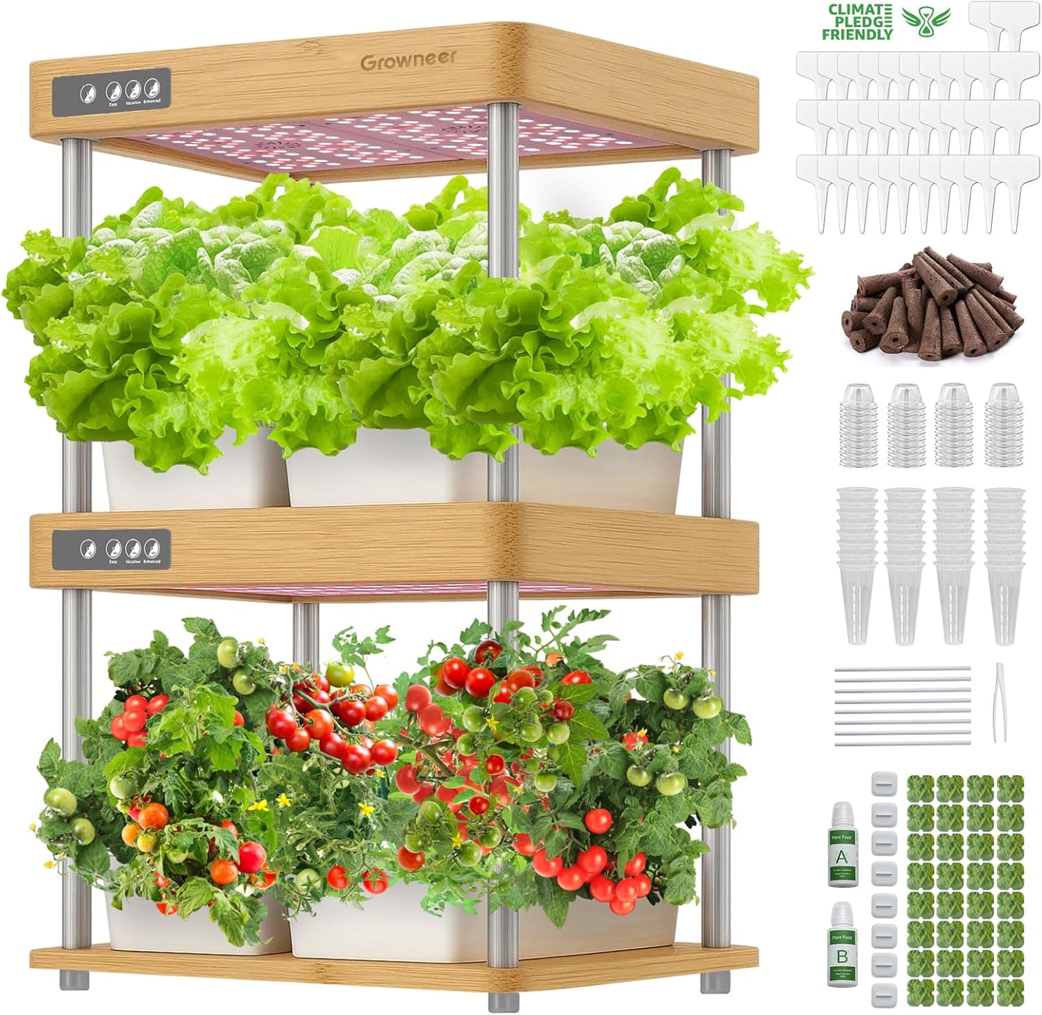 GROWNEER HydroEasy1.0 Hydroponic Growing System, 2-Tier Indoor Garden with Full-Spectrum LED Grow Lights, 32 Pods, Solid Wood Design, Independent Water Circulation, Ideal for Vegetables, Herbs, Bamboo