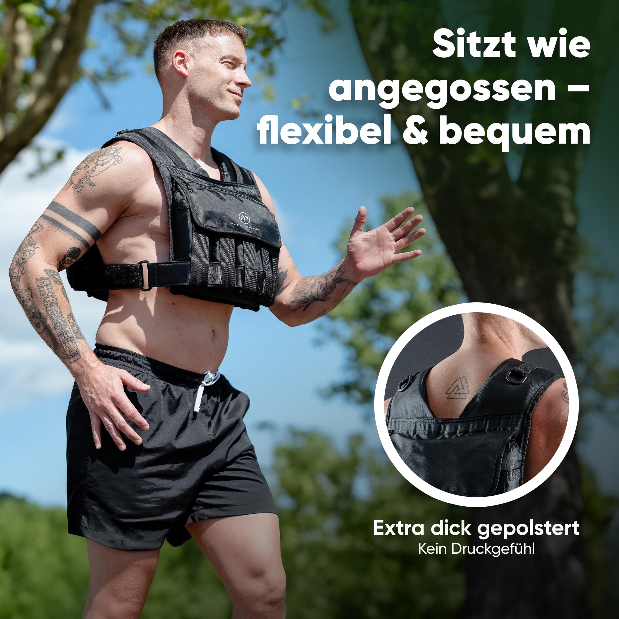 Gewichtsweste PURE MAJIN® 20kg verstellbar [mit Tasche & Metallgurt] | Fitness Workout Laufen Calisthenics Equipment Weighted Vest Trainingsweste Laufweste