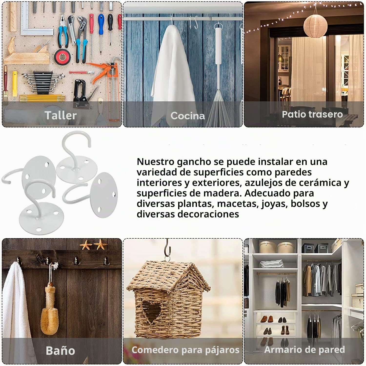 Voarge - Ganchos de techo de acero inoxidable (2 unidades, soporte de pared, para macetas, con tornillos para colgar comederos de pájaros, color blanco