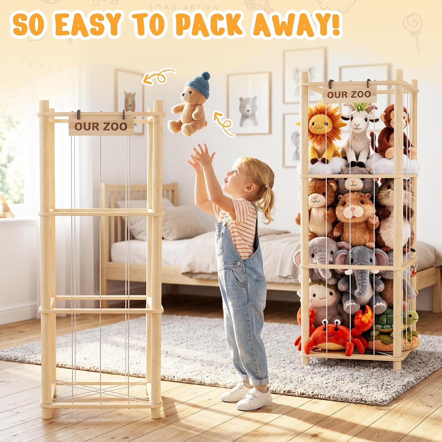 Stuffed Animal Storage & Organizer, Wooden Cute Zoo Toy Holder for Toddler Rooms, Playrooms & Bedrooms(2pcs)