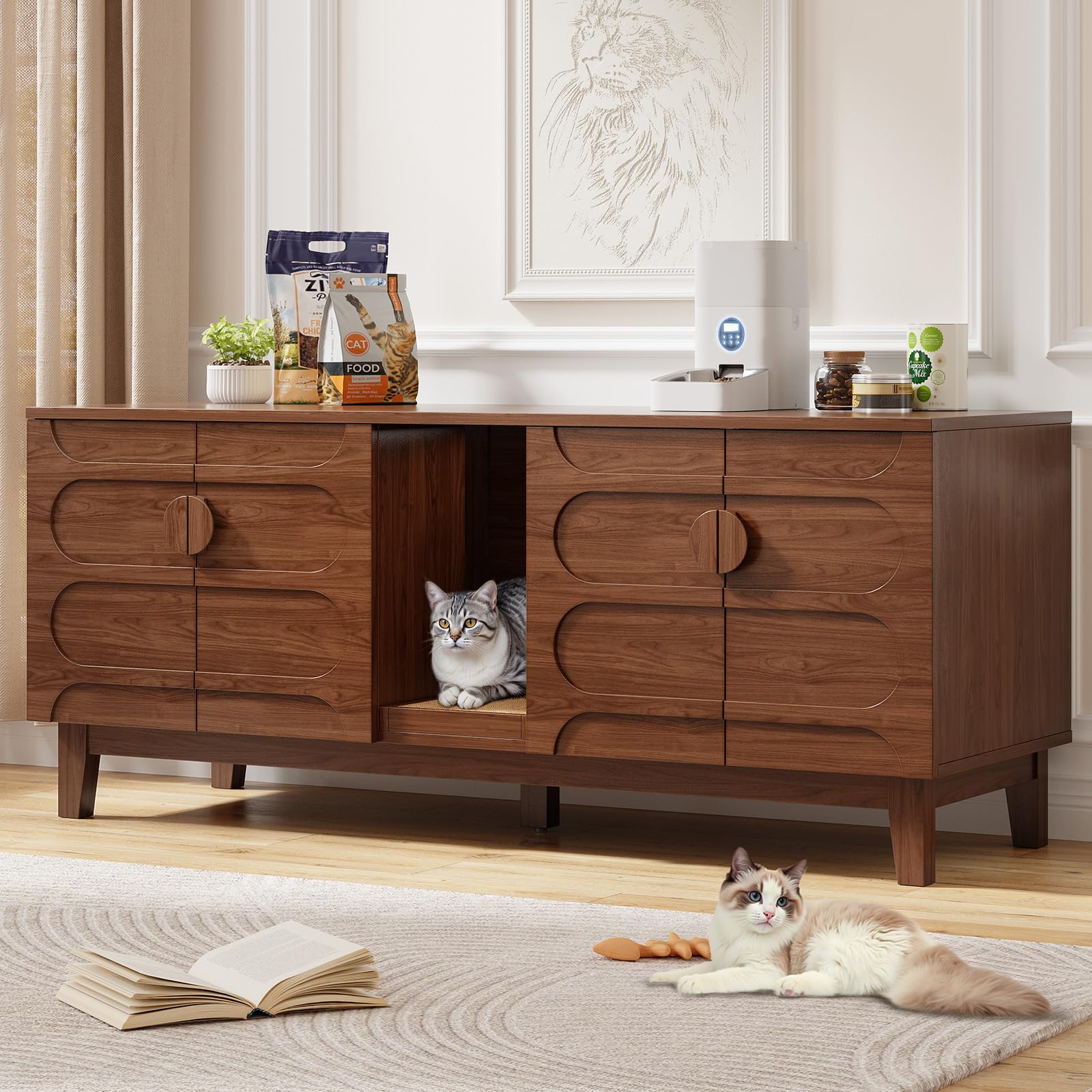 ONBRILL 59 Inches Cat Litter Box Enclosure for 2 Cats, Hidden Litter Boxes Furniture w/Cat Scratch Pad, Modern Large Pet House with Double Room, Wooden TV Stand for Living Room, Walnut