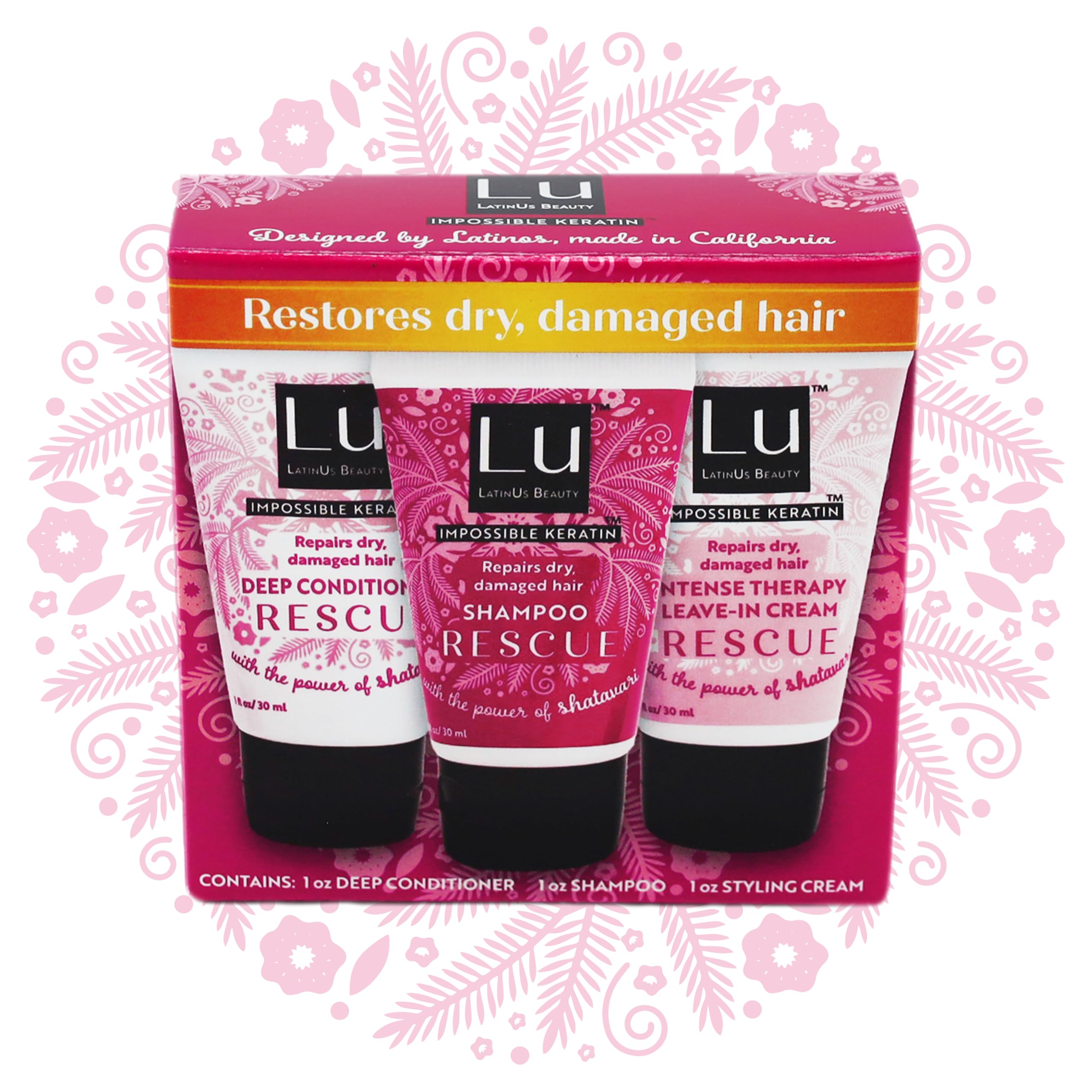 Lu by LatinUs Beauty Rescue Travel Size Collection | Complete Hair Repair System | Shampoo, Conditioner & Styling Cream | For Damaged & Color-Treated Hair | 3 Fl Oz Total | 3-Piece