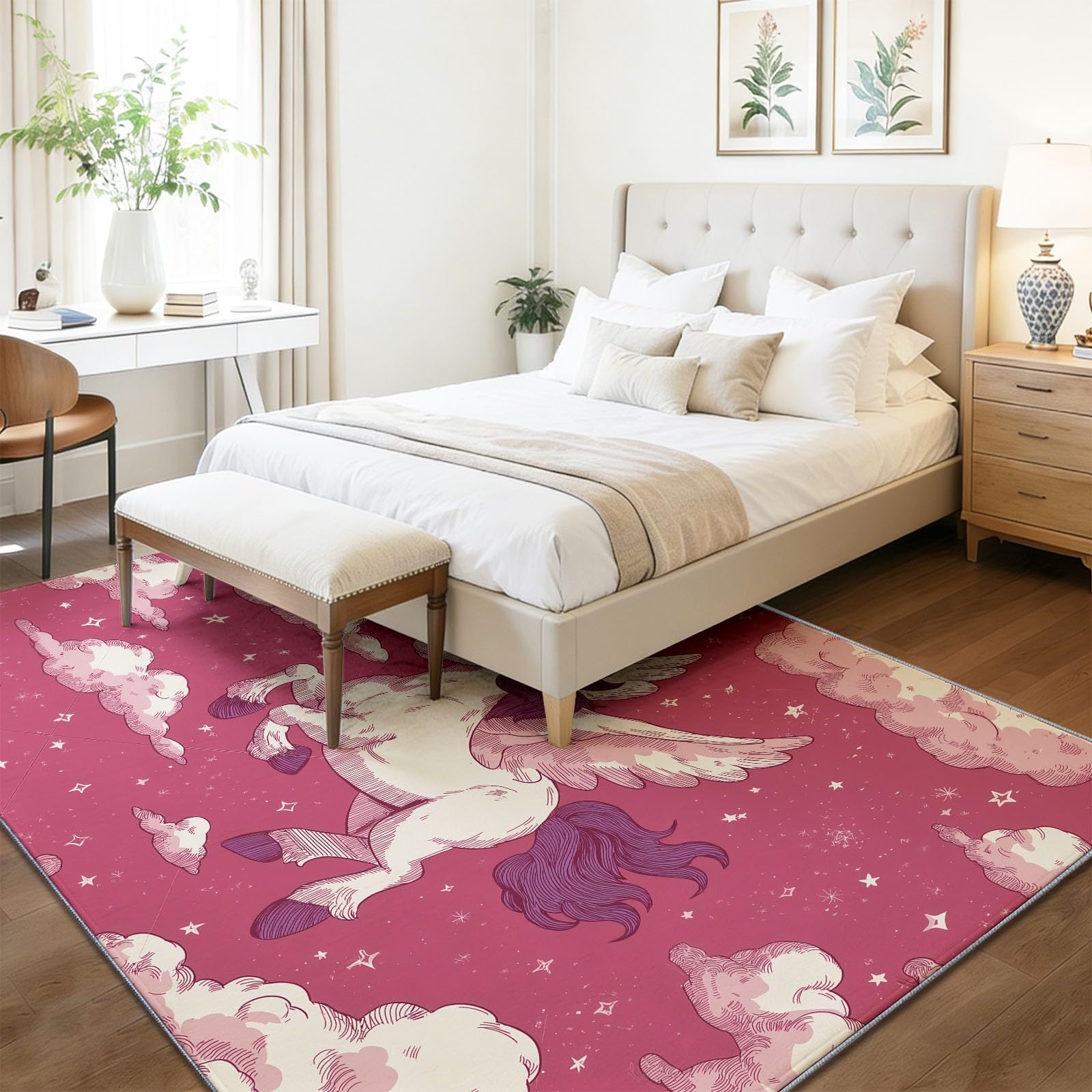 Teppich rutschfeste für Wohnzimmer Kinderzimmer, Zeichentrickfilm Sterne Tiere Pferde Deko Flanell Antirutsch Carpet Rosa Waschbarer Innenbereich Teppich 100 x 150 cm für Wohnzimmer Büro