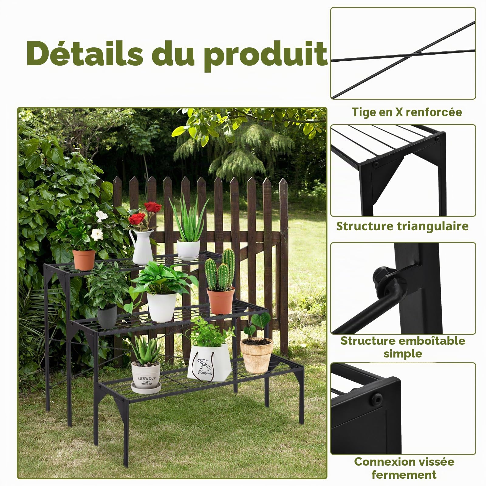 Étagère pour plantes à échelle en métal, porte-fleurs, support multi-usage et robuste pour fleurs à 3 niveaux, piédestal pour plantes de balcon, jardin, noir (86,4 x 66 x 66 cm)