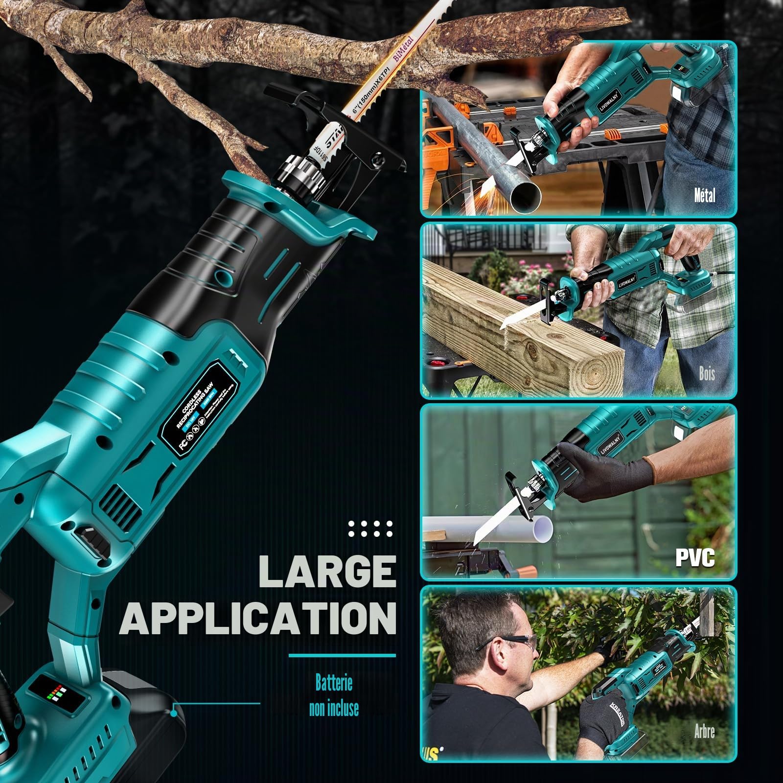 LIVOWALNY Scie Sabre Sans Fil Compatible avec Makita 18V, Moteur Brushless, 3200 cps/min, 3 Vitesses, Changement de Lame Sans Outil, LED, 4 Lames Bois/Métal/PVC(Outils Uniquement)-Bleu